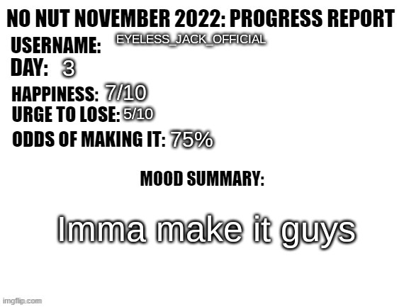 No Nut November 2022: Progress Report | EYELESS_JACK_OFFICIAL; 3; 7/10; 5/10; 75%; Imma make it guys | image tagged in no nut november 2022 progress report | made w/ Imgflip meme maker