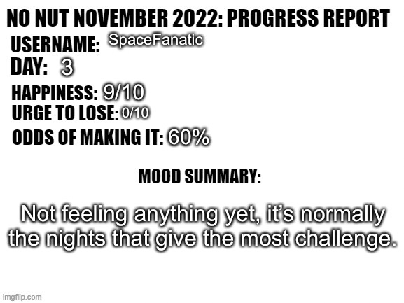 No Nut November 2022: Progress Report | SpaceFanatic; 3; 9/10; 0/10; 60%; Not feeling anything yet, it’s normally the nights that give the most challenge. | image tagged in no nut november 2022 progress report | made w/ Imgflip meme maker
