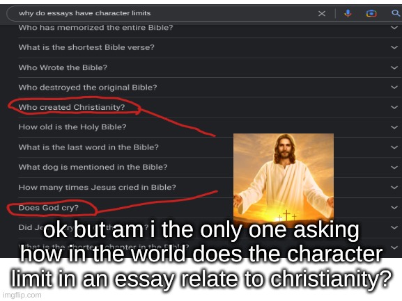 somebody just answer this question | ok but am i the only one asking how in the world does the character limit in an essay relate to christianity? | image tagged in funny | made w/ Imgflip meme maker
