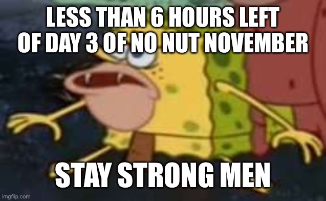 We’re in this together | LESS THAN 6 HOURS LEFT OF DAY 3 OF NO NUT NOVEMBER; STAY STRONG MEN | image tagged in memes,spongegar,no nut november,spongebob,nnn | made w/ Imgflip meme maker