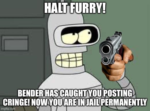 Bender | HALT FURRY! BENDER HAS CAUGHT YOU POSTING CRINGE! NOW YOU ARE IN JAIL PERMANENTLY | image tagged in bender | made w/ Imgflip meme maker