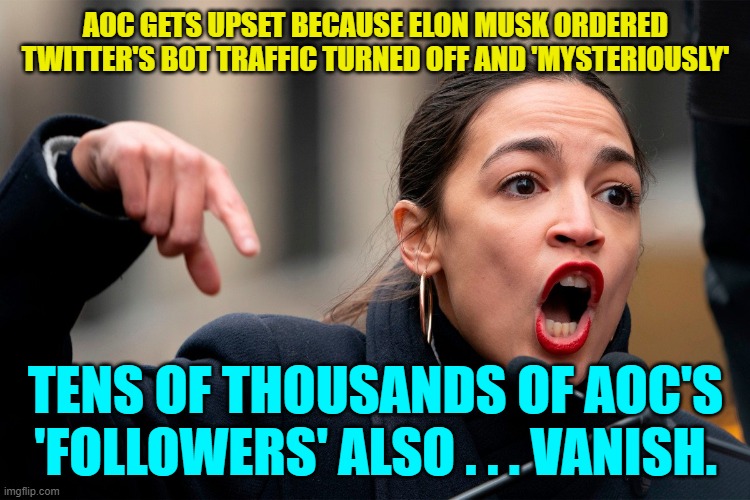 Yeah . . . she's not so hot when it comes to connecting the dots. | AOC GETS UPSET BECAUSE ELON MUSK ORDERED TWITTER'S BOT TRAFFIC TURNED OFF AND 'MYSTERIOUSLY'; TENS OF THOUSANDS OF AOC'S 'FOLLOWERS' ALSO . . . VANISH. | image tagged in bartenders | made w/ Imgflip meme maker