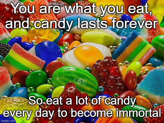 You are what you eat, and candy lasts forever; So eat a lot of candy every day to become immortal | image tagged in candy,memes | made w/ Imgflip meme maker