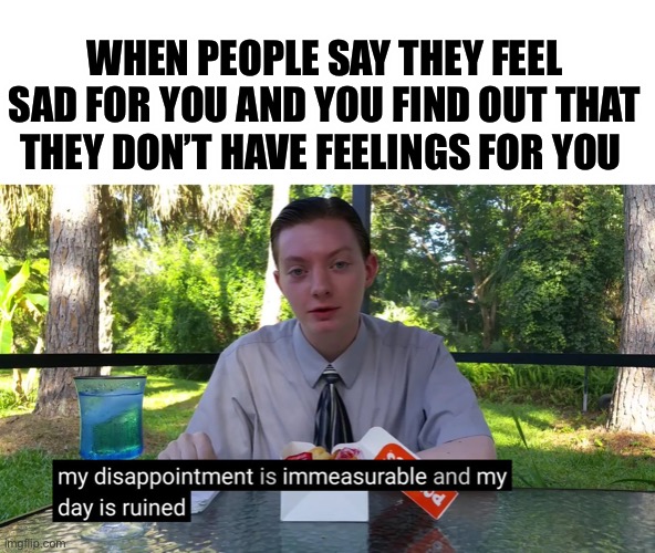 Sad | WHEN PEOPLE SAY THEY FEEL SAD FOR YOU AND YOU FIND OUT THAT THEY DON’T HAVE FEELINGS FOR YOU | image tagged in my disappointment is immeasurable | made w/ Imgflip meme maker