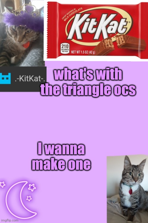 Kittys announcement template kitkat addition | what's with the triangle ocs; I wanna make one | image tagged in kittys announcement template kitkat addition | made w/ Imgflip meme maker
