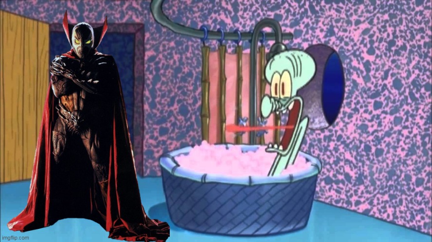 Spawn Drops By Squidward's House | image tagged in who dropped by squidward's house,spawn,spongebob,squidward,spongebob squarepants,x drops by squidward's house | made w/ Imgflip meme maker