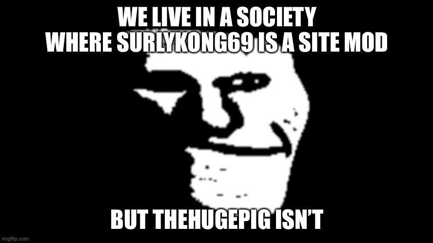 :( | WE LIVE IN A SOCIETY WHERE SURLYKONG69 IS A SITE MOD; BUT THEHUGEPIG ISN’T | image tagged in trollge | made w/ Imgflip meme maker