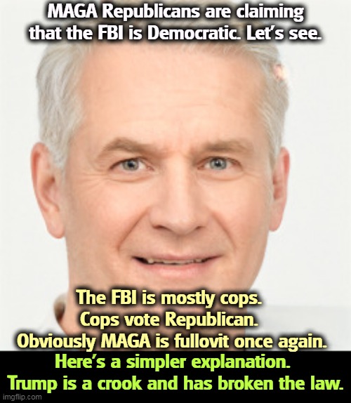 Attacking the FBI is not part of a law and order program. | MAGA Republicans are claiming that the FBI is Democratic. Let's see. The FBI is mostly cops. 
Cops vote Republican. 
Obviously MAGA is fullovit once again. Here's a simpler explanation. 
Trump is a crook and has broken the law. | image tagged in maga,republicans,idiots,garbage,fbi,silly | made w/ Imgflip meme maker