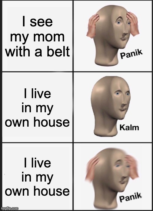 m | I see my mom with a belt; I live in my own house; I live in my own house | image tagged in memes,panik kalm panik | made w/ Imgflip meme maker