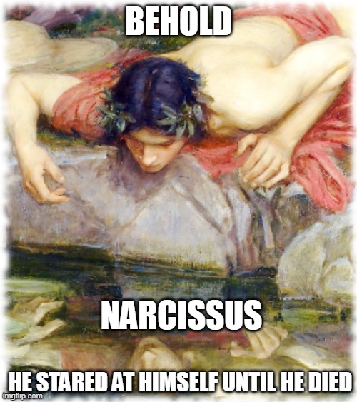 Narcissist |  BEHOLD; NARCISSUS; HE STARED AT HIMSELF UNTIL HE DIED | image tagged in narcissist,greek mythology | made w/ Imgflip meme maker