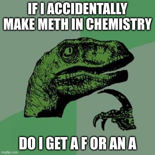 mmmmmmm | IF I ACCIDENTALLY MAKE METH IN CHEMISTRY; DO I GET A F OR AN A | image tagged in memes,philosoraptor | made w/ Imgflip meme maker