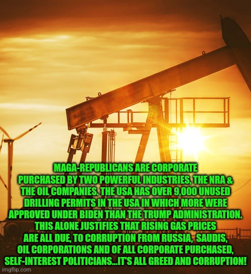 Oil Well | MAGA-REPUBLICANS ARE CORPORATE PURCHASED BY TWO POWERFUL INDUSTRIES, THE NRA & THE OIL COMPANIES. THE USA HAS OVER 9,000 UNUSED DRILLING PERMITS IN THE USA IN WHICH MORE WERE APPROVED UNDER BIDEN THAN THE TRUMP ADMINISTRATION. THIS ALONE JUSTIFIES THAT RISING GAS PRICES ARE ALL DUE, TO CORRUPTION FROM RUSSIA,  SAUDIS, OIL CORPORATIONS AND OF ALL CORPORATE PURCHASED, SELF-INTEREST POLITICIANS...IT'S ALL GREED AND CORRUPTION! | image tagged in oil well | made w/ Imgflip meme maker