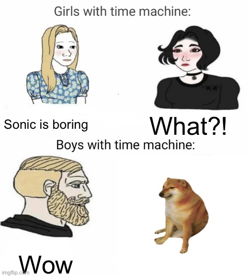 Time machine | Sonic is boring; What?! Wow | image tagged in time machine | made w/ Imgflip meme maker