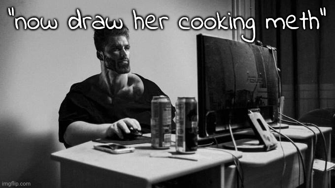 Gigachad On The Computer | "now draw her cooking meth" | image tagged in gigachad on the computer | made w/ Imgflip meme maker