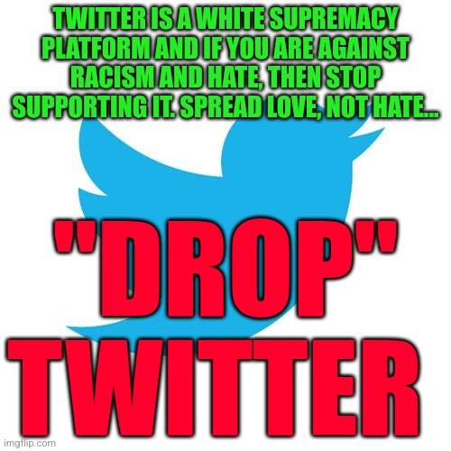 Twitter birds says | TWITTER IS A WHITE SUPREMACY PLATFORM AND IF YOU ARE AGAINST RACISM AND HATE, THEN STOP SUPPORTING IT. SPREAD LOVE, NOT HATE... "DROP"
TWITTER | image tagged in twitter birds says | made w/ Imgflip meme maker