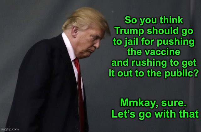 Sad Trump | So you think Trump should go to jail for pushing the vaccine and rushing to get it out to the public? Mmkay, sure.  Let’s go with that | image tagged in sad trump | made w/ Imgflip meme maker