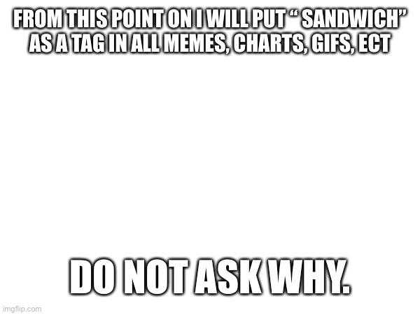 Important Announcement!! | FROM THIS POINT ON I WILL PUT “ SANDWICH” AS A TAG IN ALL MEMES, CHARTS, GIFS, ECT; DO NOT ASK WHY. | image tagged in important,read,this just in,sandwich | made w/ Imgflip meme maker