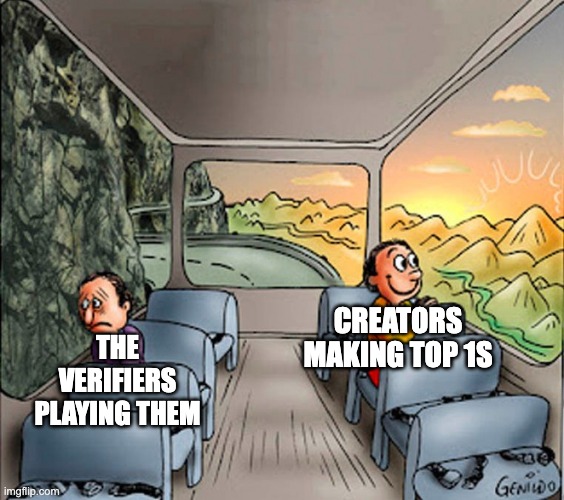 Big oof moment | CREATORS MAKING TOP 1S; THE VERIFIERS PLAYING THEM | image tagged in 2 people on a bus | made w/ Imgflip meme maker