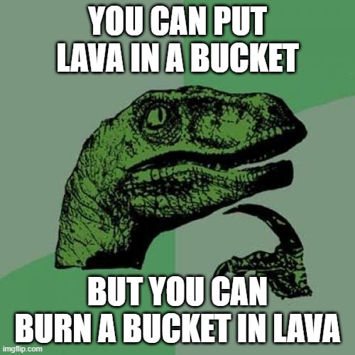 Minecraft logic be like | YOU CAN PUT LAVA IN A BUCKET; BUT YOU CAN BURN A BUCKET IN LAVA | image tagged in memes,philosoraptor | made w/ Imgflip meme maker