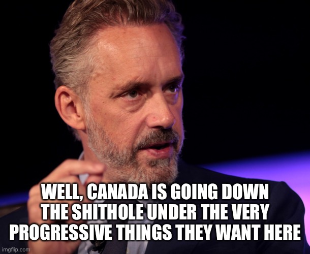 Jordan B Peterson making a point | WELL, CANADA IS GOING DOWN THE SHITHOLE UNDER THE VERY PROGRESSIVE THINGS THEY WANT HERE | image tagged in jordan b peterson making a point | made w/ Imgflip meme maker