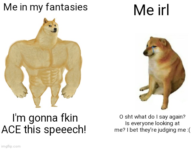 Sucks :( | Me in my fantasies; Me irl; I'm gonna fkin ACE this speeech! O sht what do I say again? Is everyone looking at me? I bet they're judging me :( | image tagged in memes,buff doge vs cheems | made w/ Imgflip meme maker
