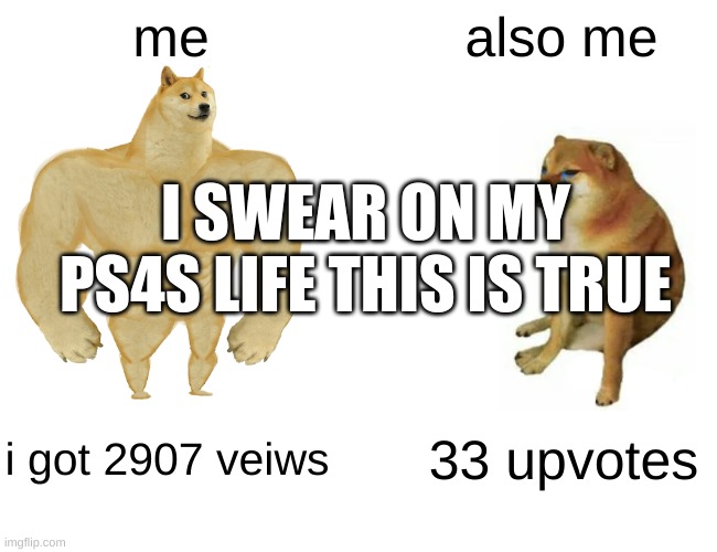 Buff Doge vs. Cheems | me; also me; I SWEAR ON MY PS4S LIFE THIS IS TRUE; i got 2907 veiws; 33 upvotes | image tagged in memes,buff doge vs cheems | made w/ Imgflip meme maker