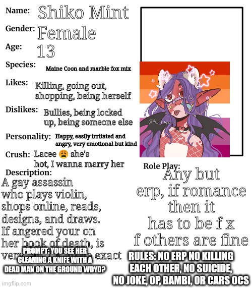 Memechat if murder, if no then its fine, NSFW because dead body | Shiko Mint; Female; 13; Maine Coon and marble fox mix; Killing, going out, shopping, being herself; Bullies, being locked up, being someone else; Happy, easily irritated and angry, very emotional but kind; Lacee 😩 she's hot, I wanna marry her; Any but erp, if romance then it has to be f x f others are fine; A gay assassin who plays violin, shops online, reads, designs, and draws. If angered your on her book of death, is very tall 7'3" to be exact; PROMPT: YOU SEE HER CLEANING A KNIFE WITH A DEAD MAN ON THE GROUND WDYD? RULES: NO ERP NO KILLING EACH OTHER, NO SUICIDE, NO JOKE, OP, BAMBI, OR CARS OCS | image tagged in rp stream oc showcase | made w/ Imgflip meme maker