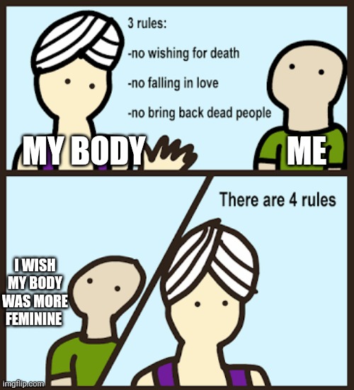 My stupid body... | ME; MY BODY; I WISH MY BODY WAS MORE FEMININE | image tagged in there are 3 rules | made w/ Imgflip meme maker