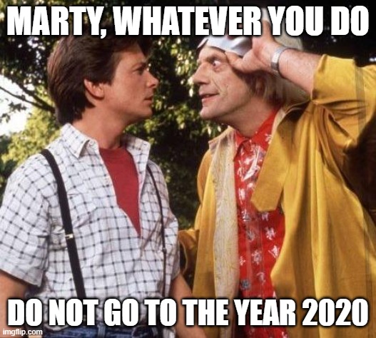 Doc Brown Mharti Mcfly | MARTY, WHATEVER YOU DO; DO NOT GO TO THE YEAR 2020 | image tagged in doc brown marty mcfly | made w/ Imgflip meme maker