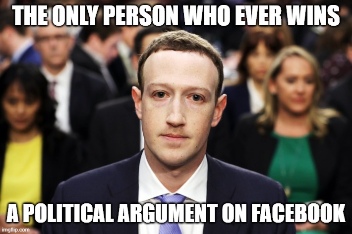 Mark Zuckerberg | THE ONLY PERSON WHO EVER WINS; A POLITICAL ARGUMENT ON FACEBOOK | image tagged in mark zuckerberg | made w/ Imgflip meme maker