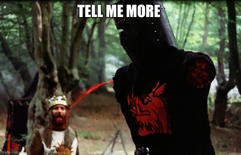 Monty Python Black Knight | TELL ME MORE | image tagged in monty python black knight | made w/ Imgflip meme maker