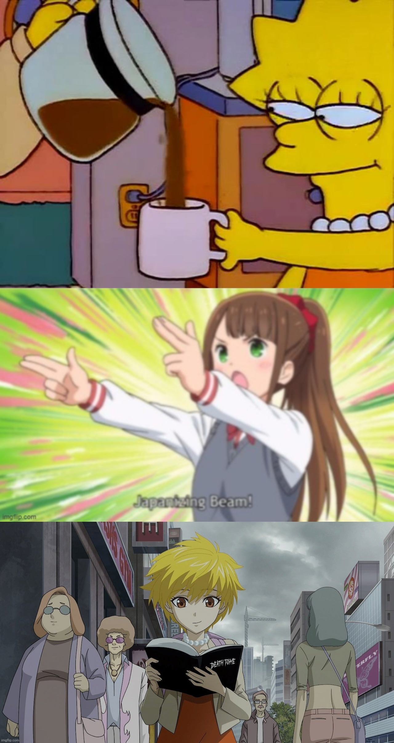 A monster combination | image tagged in lisa simpson coffee that x shit,japanizing beam,death note,the simpsons,anime | made w/ Imgflip meme maker