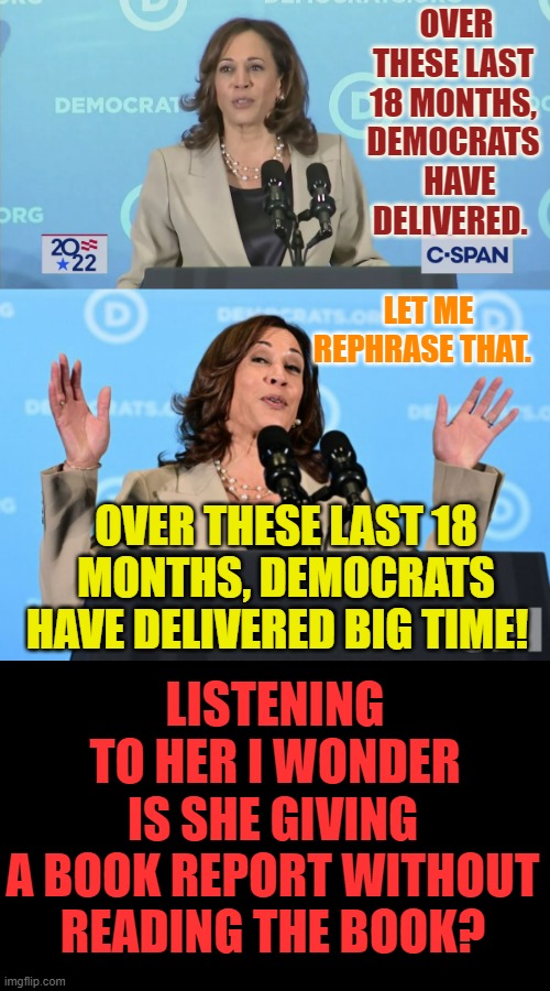 The Chief Cackler | OVER THESE LAST 18 MONTHS, DEMOCRATS   HAVE DELIVERED. LET ME REPHRASE THAT. OVER THESE LAST 18 MONTHS, DEMOCRATS HAVE DELIVERED BIG TIME! LISTENING TO HER I WONDER; IS SHE GIVING A BOOK REPORT WITHOUT READING THE BOOK? | image tagged in memes,politics,kamala harris,book,report,lol didnt read | made w/ Imgflip meme maker