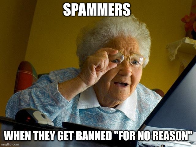 spammers be like | SPAMMERS; WHEN THEY GET BANNED "FOR NO REASON" | image tagged in memes,grandma finds the internet | made w/ Imgflip meme maker
