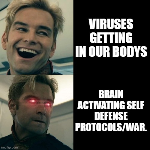 inside our bodys when our viruses get inside | VIRUSES GETTING IN OUR BODYS; BRAIN ACTIVATING SELF DEFENSE PROTOCOLS/WAR. | image tagged in homelander happy angry,virus | made w/ Imgflip meme maker