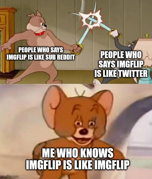 Imgflip is like imgflip | PEOPLE WHO SAYS IMGFLIP IS LIKE SUB REDDIT; PEOPLE WHO SAYS IMGFLIP IS LIKE TWITTER; ME WHO KNOWS IMGFLIP IS LIKE IMGFLIP | image tagged in tom and jerry swordfight | made w/ Imgflip meme maker