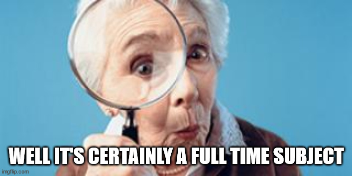 Old lady magnifying glass | WELL IT'S CERTAINLY A FULL TIME SUBJECT | image tagged in old lady magnifying glass | made w/ Imgflip meme maker