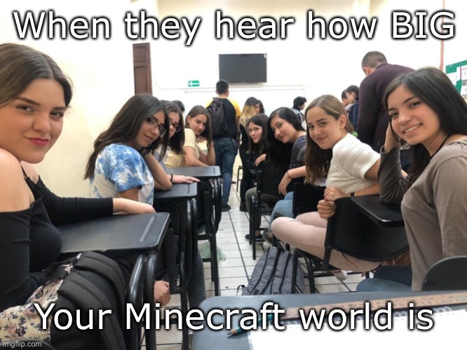 Girls in class looking back | When they hear how BIG; Your Minecraft world is | image tagged in girls in class looking back | made w/ Imgflip meme maker