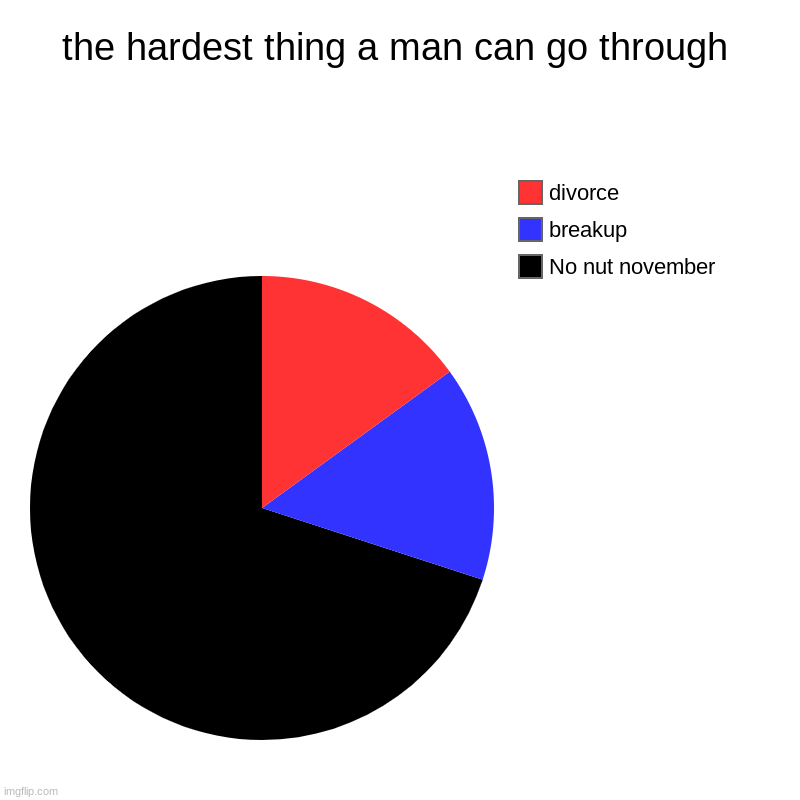 yes very true | the hardest thing a man can go through | No nut november, breakup, divorce | image tagged in charts,pie charts | made w/ Imgflip chart maker