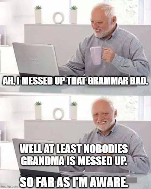 Messed up grandmas. | AH, I MESSED UP THAT GRAMMAR BAD. WELL AT LEAST NOBODIES GRANDMA IS MESSED UP. SO FAR AS I'M AWARE. | image tagged in memes,hide the pain harold,grandma,bad grammar and spelling memes | made w/ Imgflip meme maker