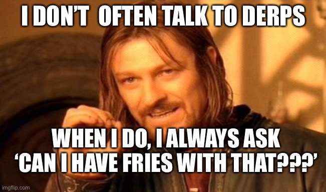 Derp | I DON’T  OFTEN TALK TO DERPS; WHEN I DO, I ALWAYS ASK ‘CAN I HAVE FRIES WITH THAT???’ | image tagged in memes,one does not simply | made w/ Imgflip meme maker