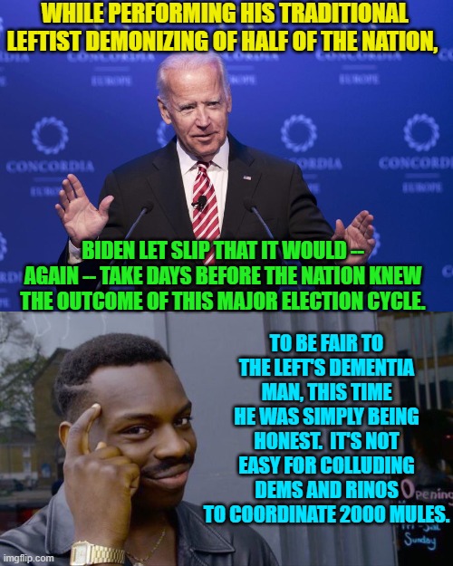 When turning a constitutional republic into a mob-rule democracy . . . the mechanisms of change take time. | WHILE PERFORMING HIS TRADITIONAL LEFTIST DEMONIZING OF HALF OF THE NATION, BIDEN LET SLIP THAT IT WOULD -- AGAIN -- TAKE DAYS BEFORE THE NATION KNEW THE OUTCOME OF THIS MAJOR ELECTION CYCLE. TO BE FAIR TO THE LEFT'S DEMENTIA MAN, THIS TIME HE WAS SIMPLY BEING HONEST.  IT'S NOT EASY FOR COLLUDING DEMS AND RINOS TO COORDINATE 2000 MULES. | image tagged in joe biden | made w/ Imgflip meme maker