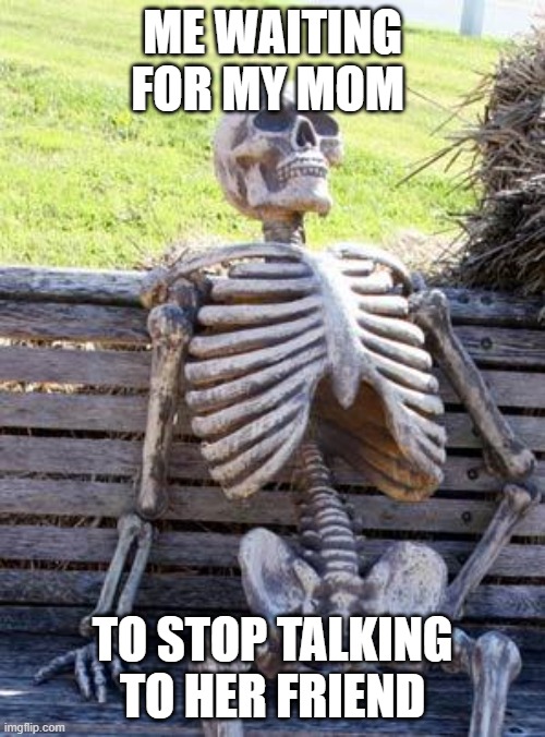 Waiting Skeleton | ME WAITING FOR MY MOM; TO STOP TALKING TO HER FRIEND | image tagged in memes,waiting skeleton | made w/ Imgflip meme maker