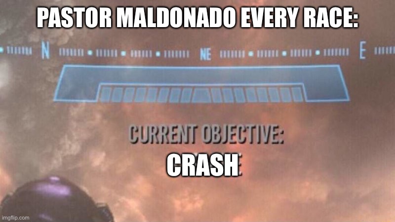 Nobody: | PASTOR MALDONADO EVERY RACE:; CRASH | image tagged in current objective survive,f1 | made w/ Imgflip meme maker