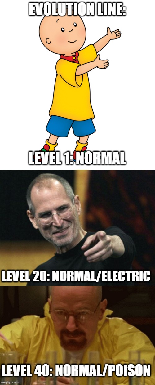  EVOLUTION LINE:; LEVEL 1: NORMAL; LEVEL 20: NORMAL/ELECTRIC; LEVEL 40: NORMAL/POISON | image tagged in caillou,memes,steve jobs,walter white cooking | made w/ Imgflip meme maker