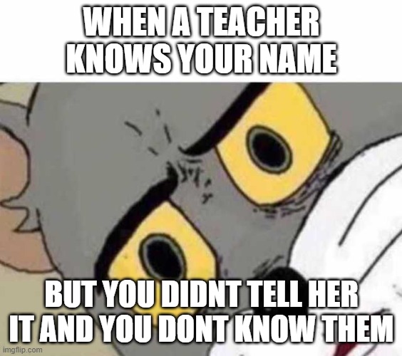 Tom Cat Unsettled Close up | WHEN A TEACHER KNOWS YOUR NAME; BUT YOU DIDNT TELL HER IT AND YOU DONT KNOW THEM | image tagged in tom cat unsettled close up | made w/ Imgflip meme maker