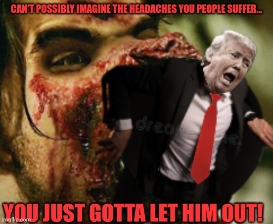 CAN'T POSSIBLY IMAGINE THE HEADACHES YOU PEOPLE SUFFER... YOU JUST GOTTA LET HIM OUT! | made w/ Imgflip meme maker