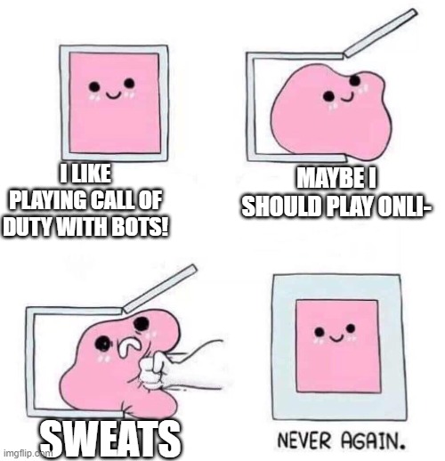 least sweaty cod player | I LIKE PLAYING CALL OF DUTY WITH BOTS! MAYBE I SHOULD PLAY ONLI-; SWEATS | image tagged in never again,call of duty | made w/ Imgflip meme maker