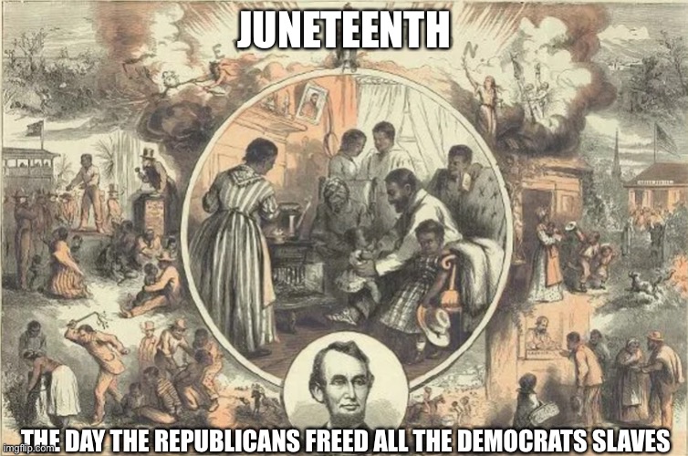 Juneteenth means Freedom | JUNETEENTH THE DAY THE REPUBLICANS FREED ALL THE DEMOCRATS SLAVES | image tagged in juneteenth means freedom | made w/ Imgflip meme maker