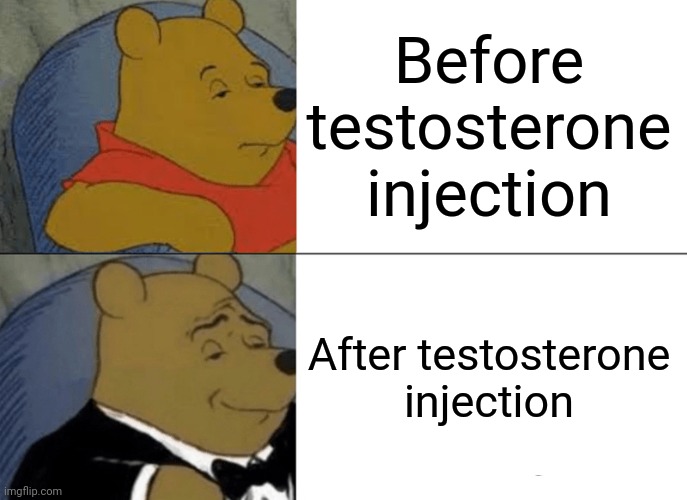 Tuxedo Winnie The Pooh Meme | Before testosterone injection; After testosterone injection | image tagged in memes,tuxedo winnie the pooh | made w/ Imgflip meme maker